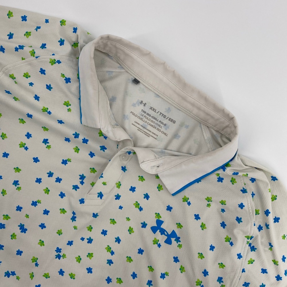 Under‎ Armour Iso Chill Polo Mens XXL White Blue Green Floral Print Golf Summer